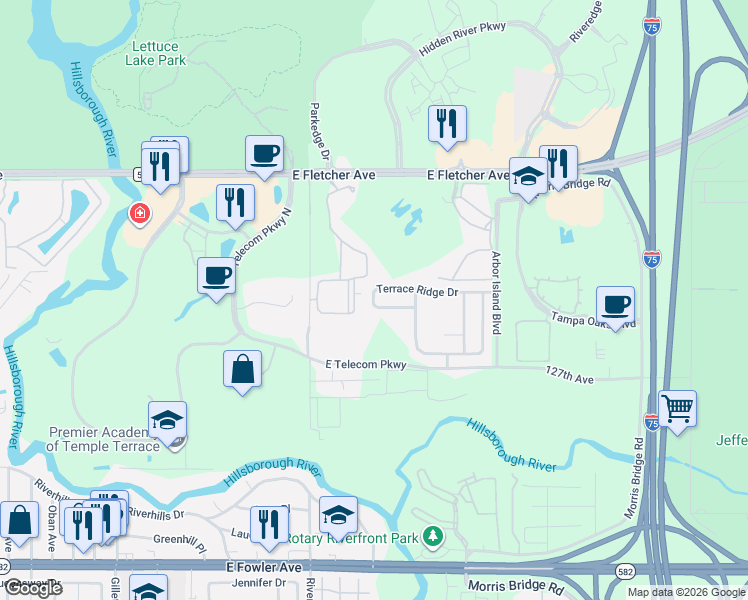 map of restaurants, bars, coffee shops, grocery stores, and more near 13025 Sanctuary Cove Drive in Temple Terrace