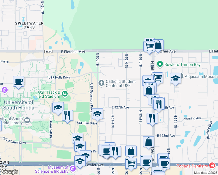 map of restaurants, bars, coffee shops, grocery stores, and more near 5010 Gainsville Drive in Tampa