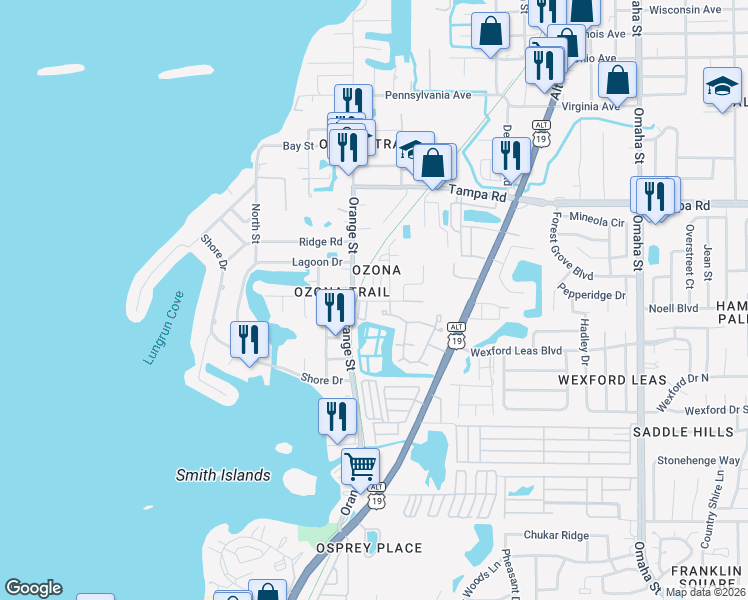 map of restaurants, bars, coffee shops, grocery stores, and more near 576 Vista Trail Court in Palm Harbor