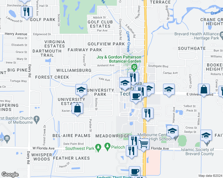 map of restaurants, bars, coffee shops, grocery stores, and more near 2910 South Vassar Street in Melbourne