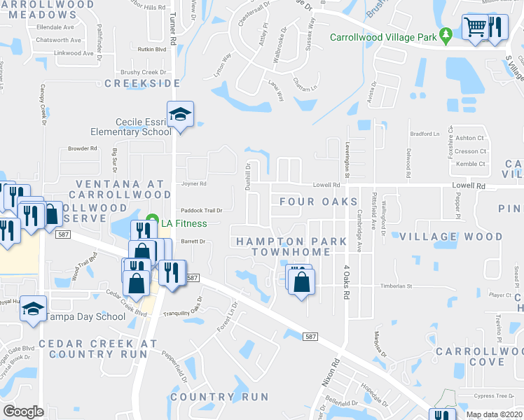 map of restaurants, bars, coffee shops, grocery stores, and more near 12711 Trowbridge Lane in Tampa