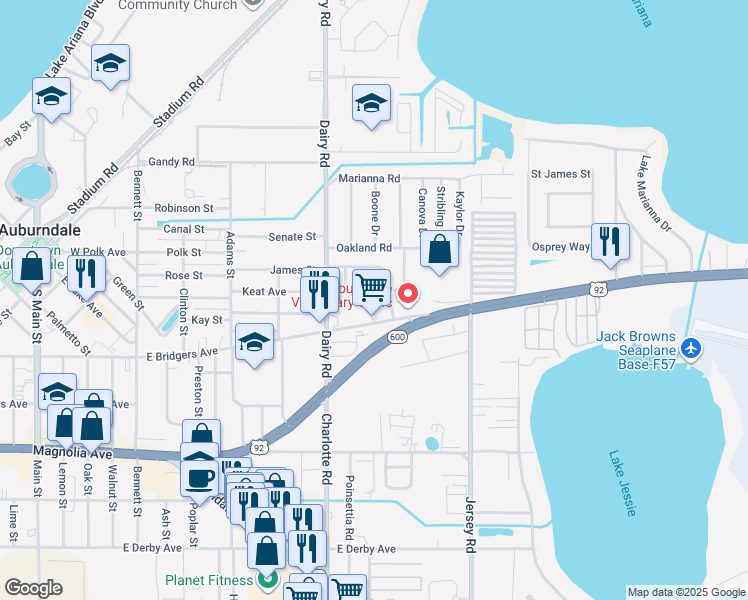 map of restaurants, bars, coffee shops, grocery stores, and more near 528 Victoria Boulevard in Auburndale