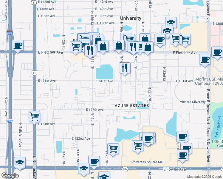 map of restaurants, bars, coffee shops, grocery stores, and more near 12750 North Elmer Street in Tampa