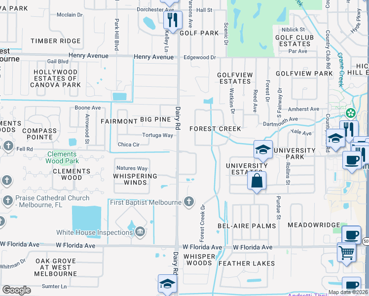 map of restaurants, bars, coffee shops, grocery stores, and more near 1060 Spring Oak Drive in Melbourne