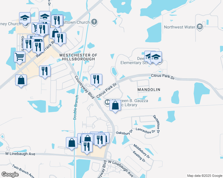 map of restaurants, bars, coffee shops, grocery stores, and more near 11246 Windsor Place Circle in Tampa