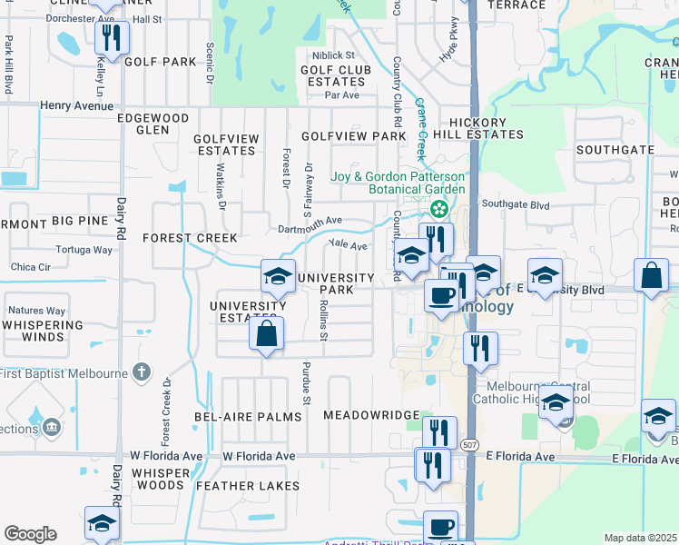 map of restaurants, bars, coffee shops, grocery stores, and more near Emory Street in Melbourne