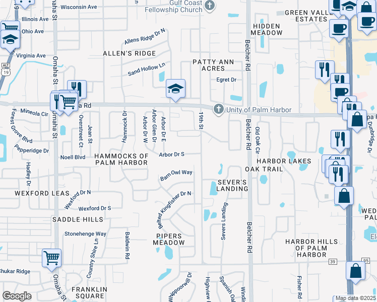 map of restaurants, bars, coffee shops, grocery stores, and more near 1851 Arbor Drive South in Palm Harbor