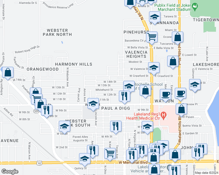 map of restaurants, bars, coffee shops, grocery stores, and more near 1510 Kettles Avenue in Lakeland