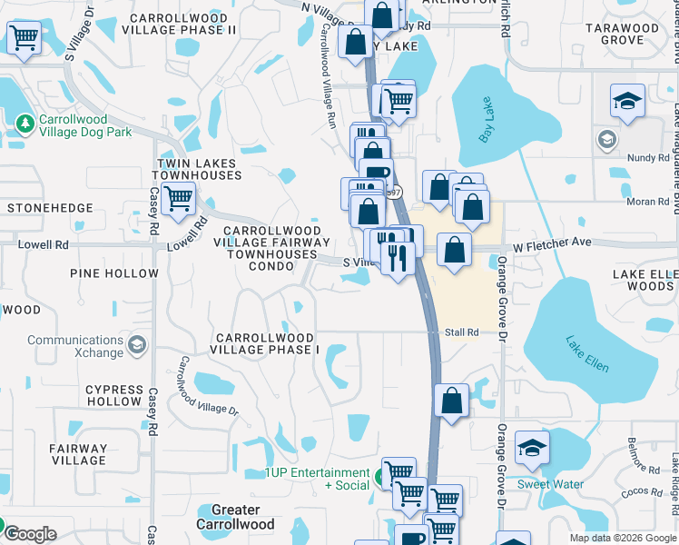map of restaurants, bars, coffee shops, grocery stores, and more near 4122 Pinelake Lane in Tampa