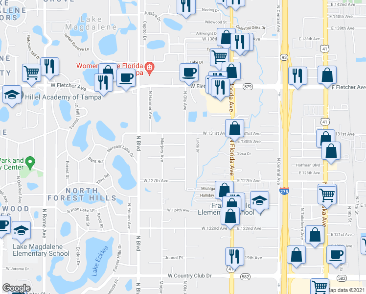 map of restaurants, bars, coffee shops, grocery stores, and more near 12728 North Ola Avenue in Tampa