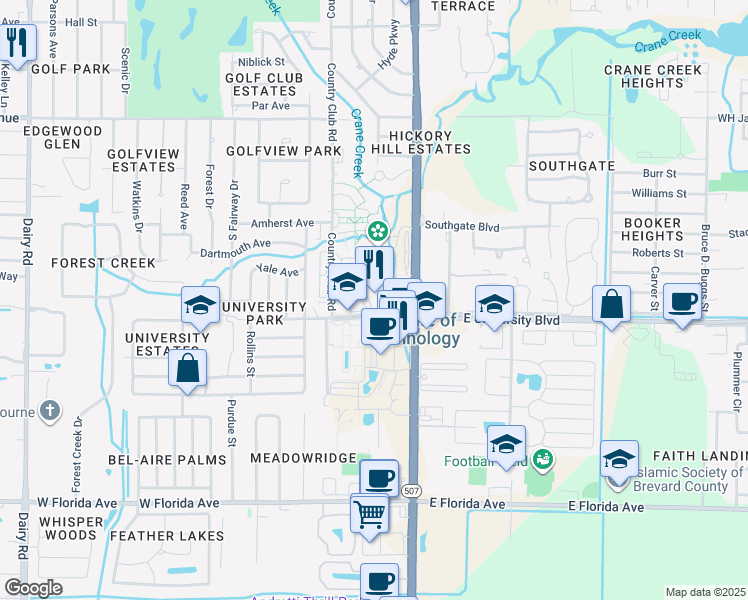 map of restaurants, bars, coffee shops, grocery stores, and more near 150 West University Boulevard in Melbourne