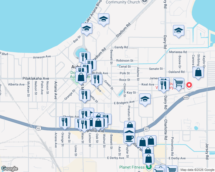 map of restaurants, bars, coffee shops, grocery stores, and more near 228 Green Street in Auburndale