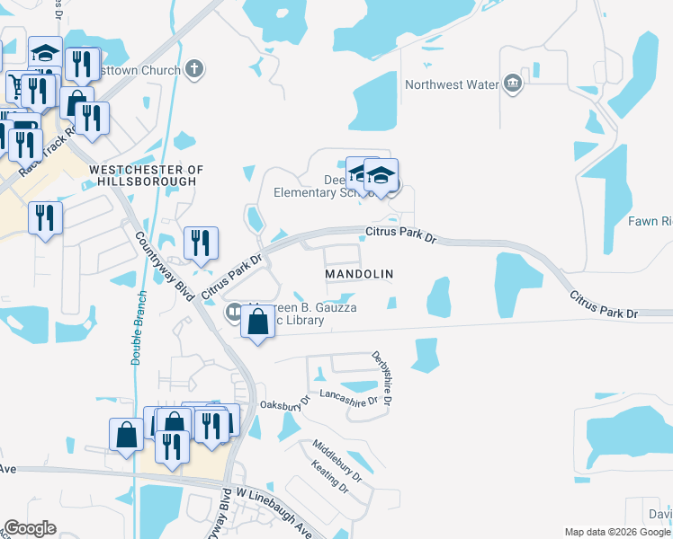 map of restaurants, bars, coffee shops, grocery stores, and more near 11614 Whiterook Court in Tampa
