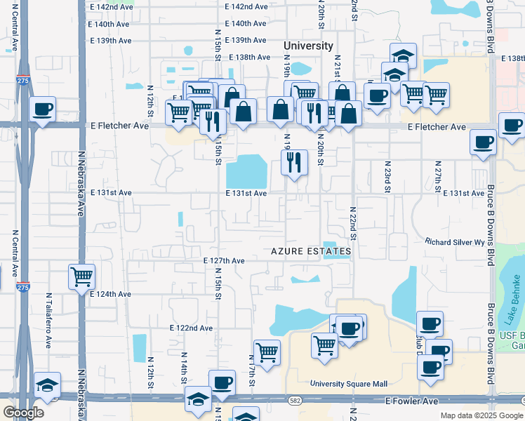 map of restaurants, bars, coffee shops, grocery stores, and more near 1701 East 131st Avenue in Tampa