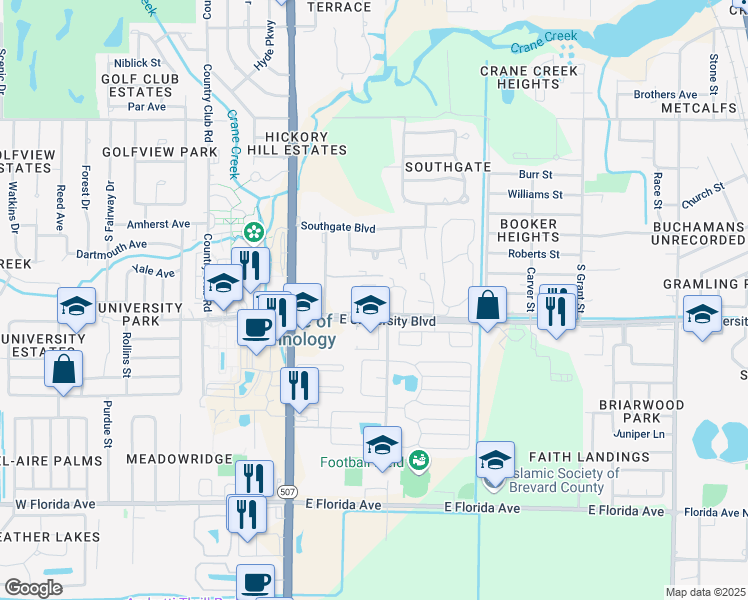 map of restaurants, bars, coffee shops, grocery stores, and more near 210 East University Boulevard in Melbourne