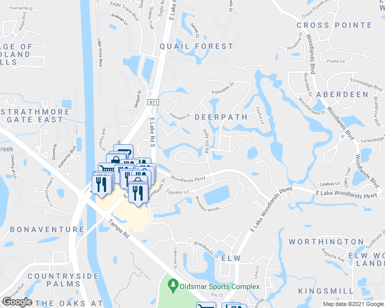 map of restaurants, bars, coffee shops, grocery stores, and more near 315 Cypress Creek Circle in Oldsmar