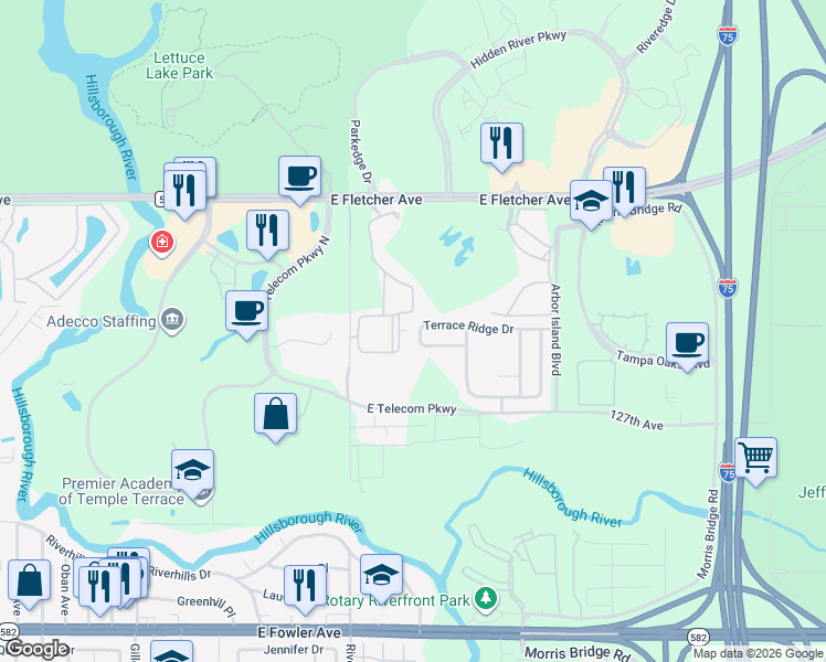 map of restaurants, bars, coffee shops, grocery stores, and more near 13025 Sanctuary Cove Drive in Temple Terrace