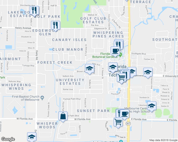 map of restaurants, bars, coffee shops, grocery stores, and more near 2910 Rollins Street in Melbourne