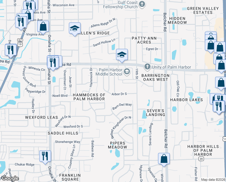map of restaurants, bars, coffee shops, grocery stores, and more near 321 Arbor Drive East in Palm Harbor