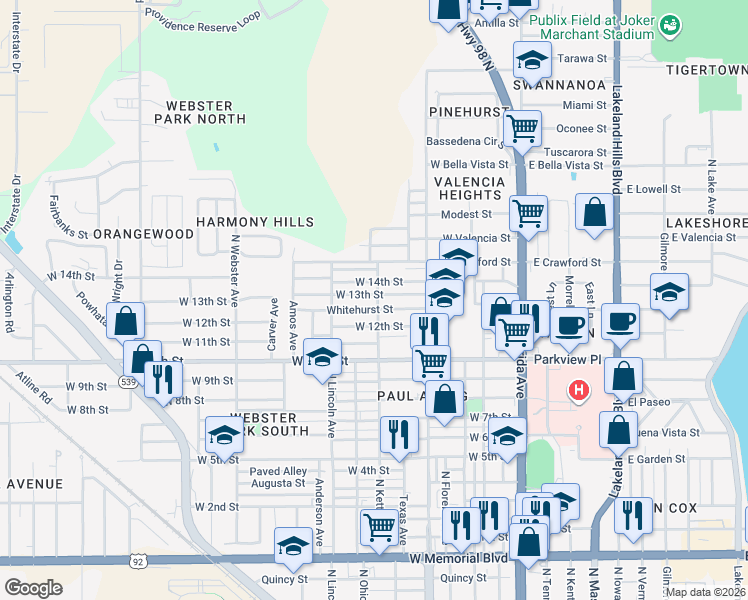 map of restaurants, bars, coffee shops, grocery stores, and more near 1510 Kettles Avenue in Lakeland