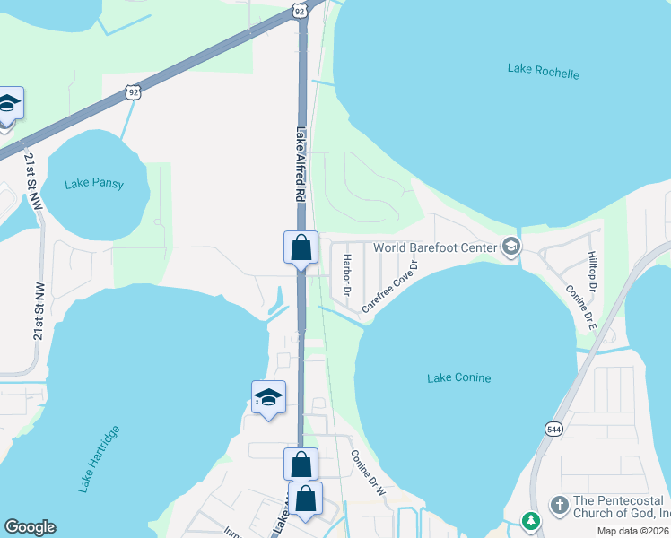 map of restaurants, bars, coffee shops, grocery stores, and more near 108 Harbor Drive in Winter Haven