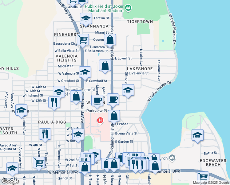 map of restaurants, bars, coffee shops, grocery stores, and more near 517 Druid Street in Lakeland