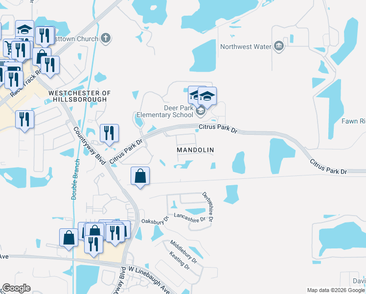 map of restaurants, bars, coffee shops, grocery stores, and more near 11615 Whiterook Court in Tampa