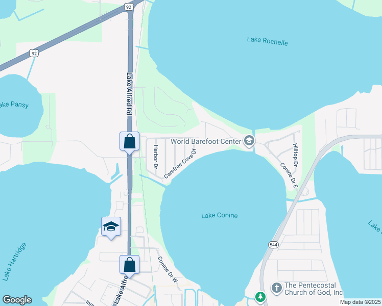map of restaurants, bars, coffee shops, grocery stores, and more near 1142 Carefree Cove Drive in Winter Haven