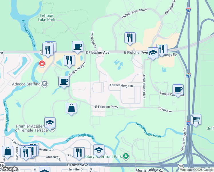 map of restaurants, bars, coffee shops, grocery stores, and more near 13025 Sanctuary Cove Drive in Temple Terrace