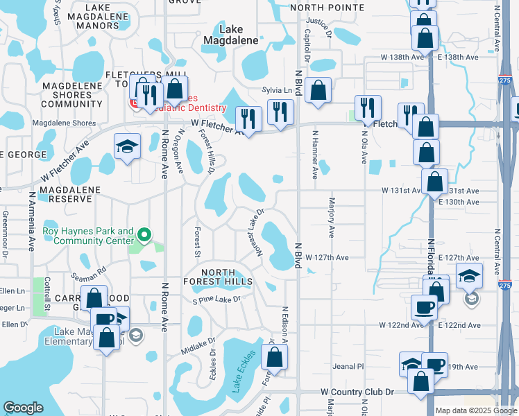 map of restaurants, bars, coffee shops, grocery stores, and more near 1001 Cedar Lake Drive in Tampa