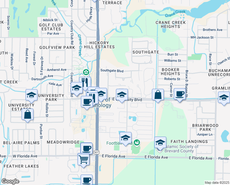 map of restaurants, bars, coffee shops, grocery stores, and more near 150 East University Boulevard in Melbourne
