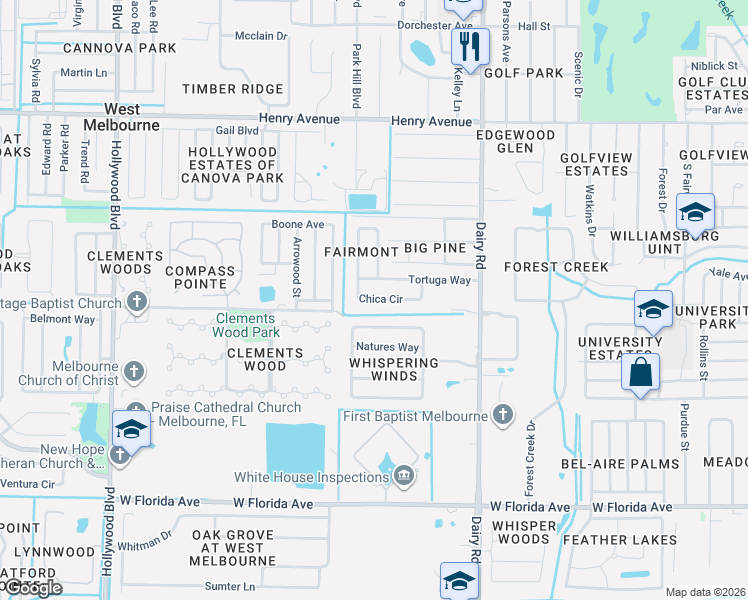 map of restaurants, bars, coffee shops, grocery stores, and more near 3122 Chica Circle in West Melbourne