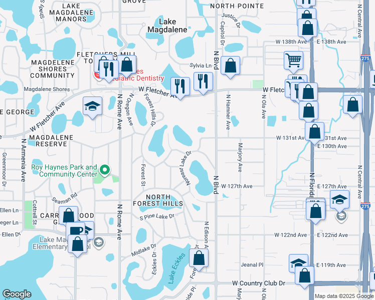 map of restaurants, bars, coffee shops, grocery stores, and more near 1001 Cedar Lake Drive in Tampa