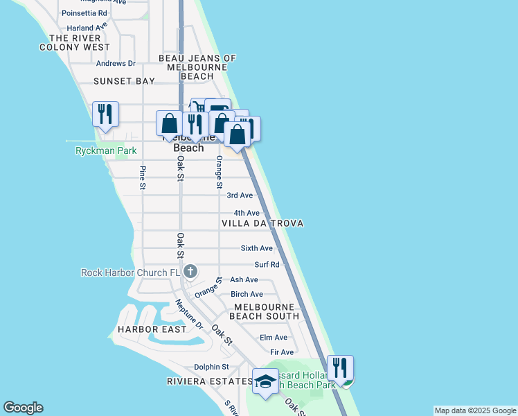 map of restaurants, bars, coffee shops, grocery stores, and more near 201 3rd Avenue in Melbourne Beach