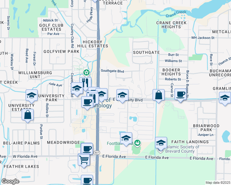 map of restaurants, bars, coffee shops, grocery stores, and more near 150 East University Boulevard in Melbourne