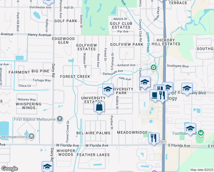 map of restaurants, bars, coffee shops, grocery stores, and more near 2906 South Fairway Drive in Melbourne
