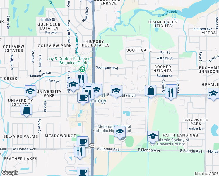 map of restaurants, bars, coffee shops, grocery stores, and more near 150 East University Boulevard in Melbourne
