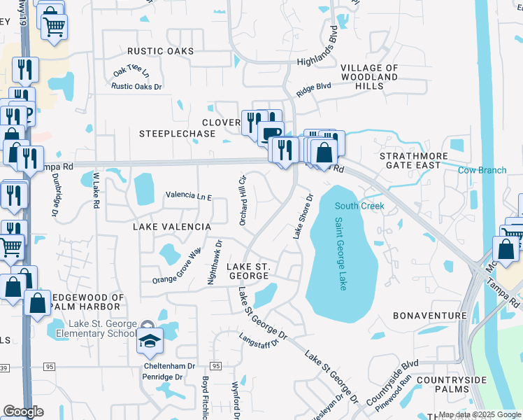 map of restaurants, bars, coffee shops, grocery stores, and more near 3921 Blooming Hill Lane in Palm Harbor