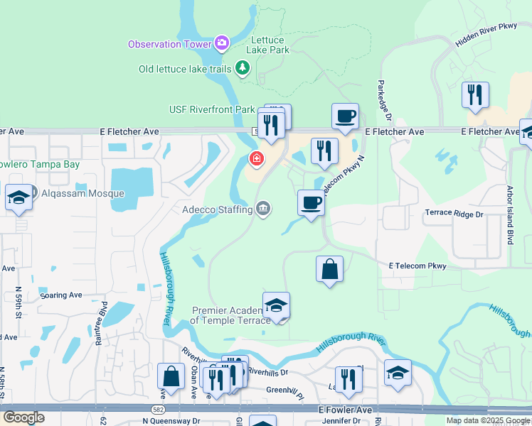 map of restaurants, bars, coffee shops, grocery stores, and more near 13101 Telecom Drive in Temple Terrace
