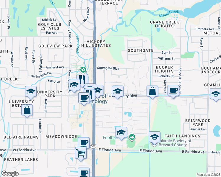 map of restaurants, bars, coffee shops, grocery stores, and more near 150 East University Boulevard in Melbourne