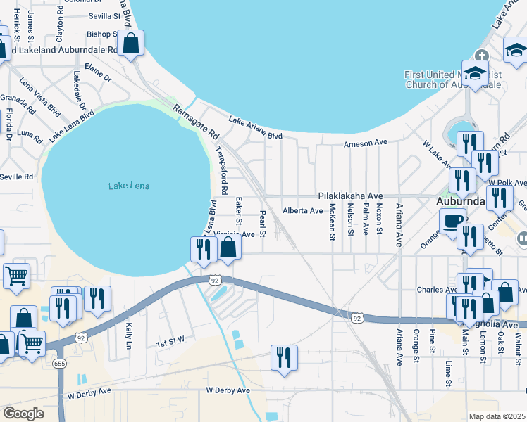 map of restaurants, bars, coffee shops, grocery stores, and more near 208 Pearl Street in Auburndale