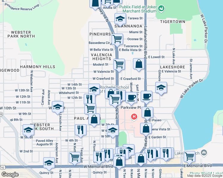 map of restaurants, bars, coffee shops, grocery stores, and more near 240 West 14th Street in Lakeland