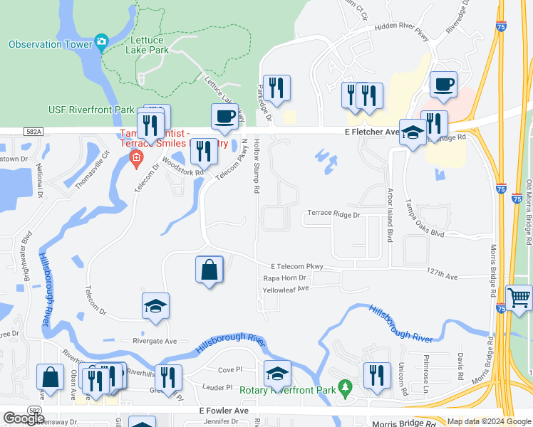 map of restaurants, bars, coffee shops, grocery stores, and more near 12904 Sanctuary Cove Drive in Temple Terrace