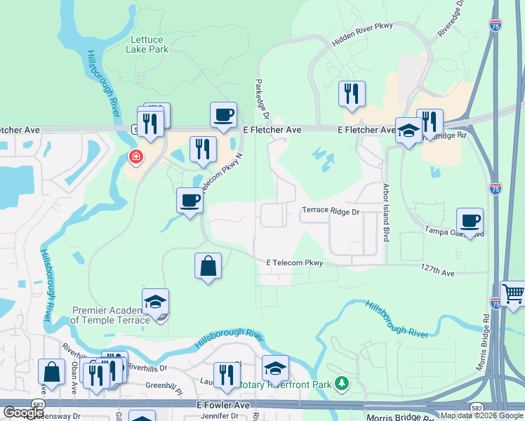 map of restaurants, bars, coffee shops, grocery stores, and more near 12904 Sanctuary Cove Drive in Temple Terrace