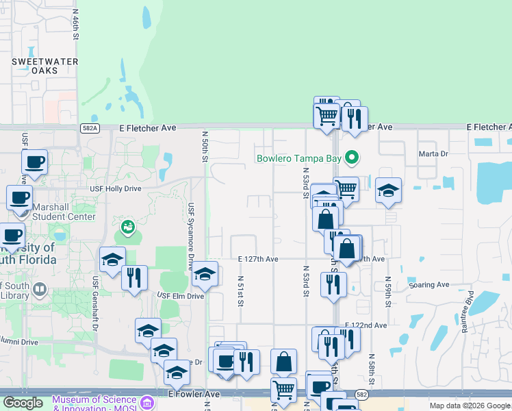 map of restaurants, bars, coffee shops, grocery stores, and more near 13010 North 52nd Street in Tampa