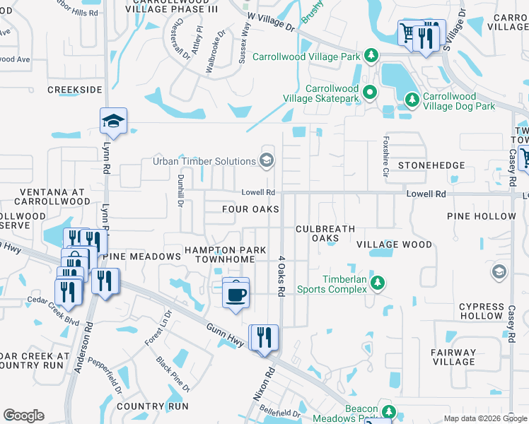 map of restaurants, bars, coffee shops, grocery stores, and more near 12911 Worchester Avenue in Tampa