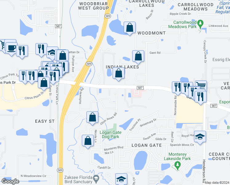 map of restaurants, bars, coffee shops, grocery stores, and more near 6560 Gunn Highway in Tampa