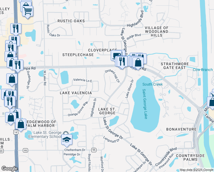 map of restaurants, bars, coffee shops, grocery stores, and more near 3926 Blooming Hill Lane in Palm Harbor