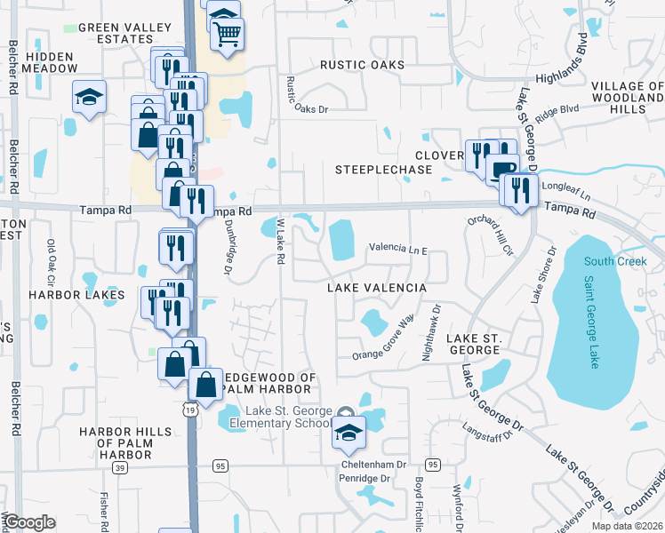 map of restaurants, bars, coffee shops, grocery stores, and more near 5000 Lake Valencia Boulevard West in Palm Harbor