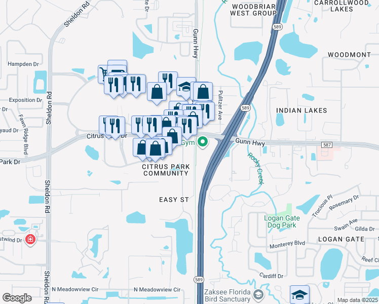 map of restaurants, bars, coffee shops, grocery stores, and more near 13315 Citrus Park Lane in Tampa